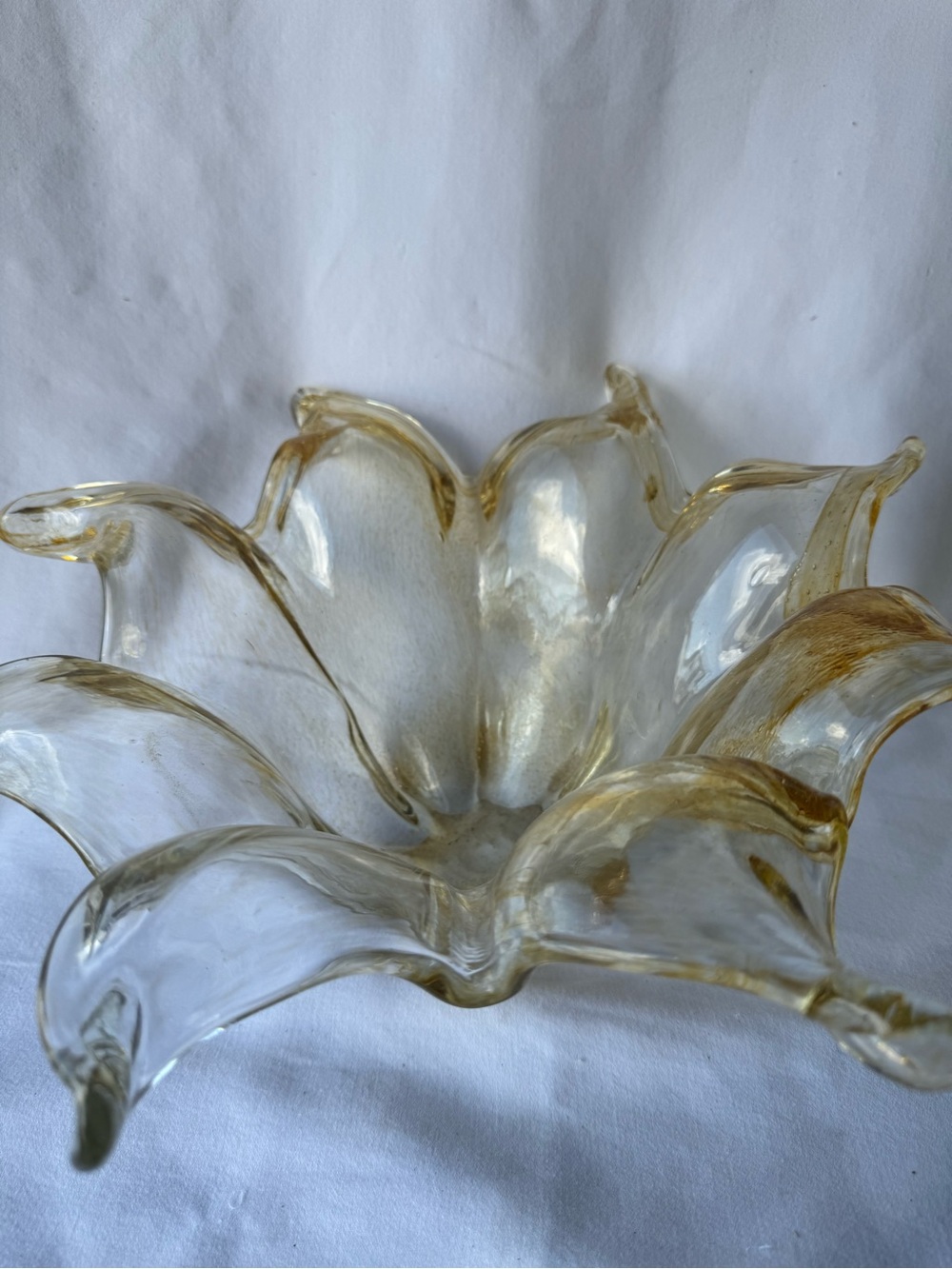 Vintage Italian Art Glass Flower Bowl Gold Aventurine Flecks White Cristal MCM
